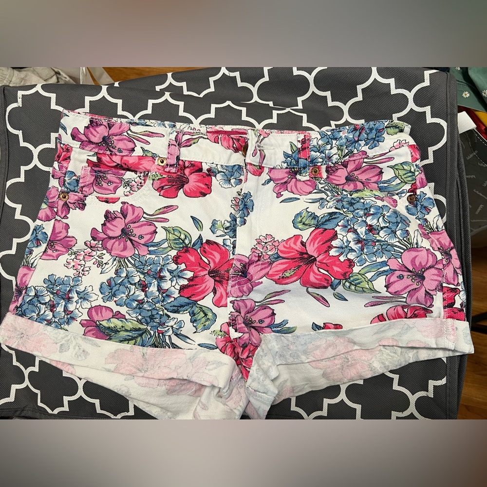 Forever 21 Pink and Blue Jean Shorts with Distressed Hem